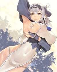 1girl ainu_clothes bandana blue_eyes blue_headband breasts cropped_jacket dress folded_ponytail fuwafuwatoufu hair_between_eyes headband highres kamoi_(kancolle) kantai_collection large_breasts lips long_hair long_sleeves looking_at_viewer outdoors pelvic_curtain sideboob sidelocks silhouette smile solo thick_eyebrows tree white_hair wrist_guards
