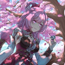 1girl bell braid breasts cherry_blossoms cleavage commentary_request cup diamond-shaped_pupils diamond_(shape) dress elf elysia_(herrscher_of_human:_ego)_(honkai_impact) elysia_(honkai_impact) elysia_(peachy_spring)_(honkai_impact) flower hair_bell hair_flower hair_ornament highres holding holding_cup honkai_(series) honkai_impact_3rd large_breasts long_hair long_sleeves official_alternate_costume parted_lips pink_hair pointy_ears puffy_long_sleeves puffy_sleeves purple_eyes red_dress signature single_braid solo symbol-shaped_pupils tree upper_body very_long_hair yyk9489