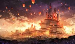 Rule 34 | absurdres, architecture, commentary request, east asian architecture, festival, highres, kurasuta, lantern, lantern festival, night, night sky, no humans, original, outdoors, paper lantern, sky, sky lantern