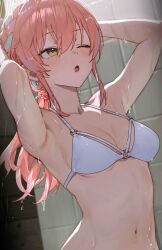 1girl arms_behind_head bikini blush breasts idolmaster idolmaster_cinderella_girls jougasaki_mika medium_breasts navel one_eye_closed open_mouth pink_hair showering solo sooon string_bikini swimsuit tile_wall tiles white_bikini