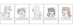 5girls :3 animal_ears aqua_hair bang_dream! black_hair blush brown_hair cat_ears cat_girl cat_tail commentary_request dog_ears dog_girl dog_tail drill_hair grey_hair highres hikawa_sayo imai_lisa kanade_(kanade_3344) kemonomimi_mode long_hair minato_yukina multiple_girls one_eye_closed purple_eyes shirokane_rinko tail twin_drills udagawa_ako