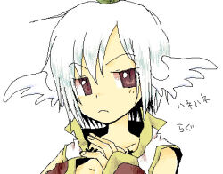 Rule 34 | 1girl, ark kan, brown eyes, champion (ragnarok online), closed mouth, coat, commentary request, feathered wings, fingernails, frown, head wings, looking at viewer, lowres, oekaki, ragnarok online, short hair, simple background, sleeveless, sleeveless coat, solo, translation request, upper body, v-shaped eyebrows, white background, white coat, white hair, white wings, wings