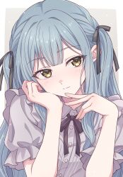 Rule 34 | 1girl, bang dream!, bang dream! it&#039;s mygo!!!!!, black ribbon, blue hair, blush, border, closed mouth, commentary, dress shirt, e20, grey background, grey shirt, hair ribbon, head rest, highres, long hair, neck ribbon, outside border, ribbon, shirt, short sleeves, sidelocks, solo, togawa sakiko, two side up, upper body, white border, yellow eyes