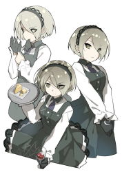 10s 1girl cheese cup danganronpa_(series) danganronpa_v3:_killing_harmony dress drinking_glass expressionless food gloves green_eyes grey_hair holding holding_plate long_sleeves looking_at_viewer maid maid_headdress multiple_views necktie pinafore_dress plate saru short_hair sleeveless_dress tojo_kirumi wine_glass