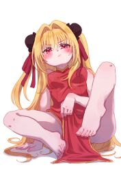 1girl absurdres barefoot blonde_hair blush breasts bun_cover china_dress chinese_clothes closed_mouth commentary_request double_bun dress feet feet_up foot_focus full_body hair_bun hair_intakes highres konjiki_no_yami legs long_hair looking_at_viewer medium_breasts nikkou_(sdyf3527) pelvic_curtain pout presenting_foot red_dress red_eyes simple_background sitting sleeveless sleeveless_dress solo tearing_up to_love-ru toes very_long_hair white_background