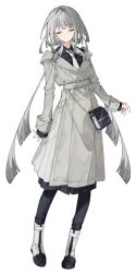Rule 34 | 1girl, ankle boots, bag, belt, black bag, black pants, black shirt, black skirt, blush, boots, closed mouth, coat, collared shirt, commentary, facing viewer, full body, grey belt, grey coat, grey hair, hair intakes, handbag, highres, layered clothes, long hair, long sleeves, monmongng, necktie, original, pants, pants under skirt, shirt, sidelocks, simple background, skirt, smile, solo, split mouth, very long hair, white background, white boots, white necktie