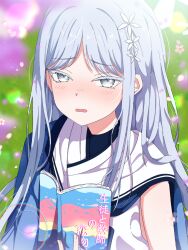 1girl blue_archive blue_haori blush book falling_petals flower hair_flower hair_ornament haori highres holding holding_book japanese_clothes long_hair looking_at_viewer mikoshi_(user_wvyd4348) nagusa_(blue_archive) nose_blush open_mouth petals shirt short_sleeves solo white_eyes white_hair white_shirt