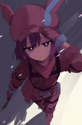 1girl absurdres ammunition_pouch animal_hat flat_chest gloves hat highres holding holding_knife holding_weapon jacket jitome knee_pads knife llenn_(sao) pants pink_eyes pink_gloves pink_hair pink_hat pink_jacket pink_pants pouch short_hair simple_background solo sweat sword_art_online sword_art_online_alternative:_gun_gale_online tagme tori_no_shigure_ni weapon
