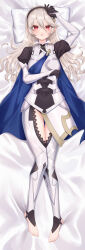 1girl :d absurdres armor black_hairband blue_cape breasts cape corrin_(fire_emblem) dakimakura_(medium) fire_emblem fire_emblem_fates full_body gloves grey_hair hair_between_eyes hairband head_on_pillow highres jersum long_hair looking_at_viewer lying nintendo on_back on_bed open_mouth parted_lips pillow pointy_ears red_eyes smile solo thighs toes