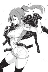 Rule 34 | 1girl, belt, black gloves, black jacket, black thighhighs, black torch (takaki tsuyoshi), bodysuit, breasts, catsuit, clothes grab, cover, cover page, cropped jacket, detexted, dressing, fingerless gloves, floating hair, gloves, greyscale, groin tendon, hair ornament, hair ribbon, hairclip, highres, jacket, kishimojin ichika, long hair, looking to the side, manga cover, medium breasts, monochrome, official art, ponytail, putting on jacket, ribbon, second-party source, semi-rimless eyewear, simple background, solo, takaki tsuyoshi, thighhighs, third-party edit, white background, white bodysuit, zettai ryouiki