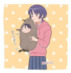 2girls :| animal_costume arrow_(symbol) bird blue_skirt blunt_bangs carrying carrying_person chibi closed_mouth collared_shirt fujii_ayame futsuu_no_keion-bu hatono_chihiro highres holding_chibi hood hood_down hoodie motion_lines multiple_girls penguin penguin_costume pink_hoodie pleated_skirt purple_eyes purple_hair school_uniform shirt short_hair sitesitei skirt standing stuffed_animal stuffed_toy white_shirt wolf_cut