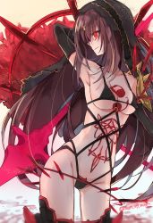 Rule 34 | 1girl, arm behind head, armpits, bad id, bad twitter id, bikini, black bikini, black gloves, black legwear, breasts, cameltoe, cleavage, cosplay, cu chulainn (fate), cu chulainn (fate/stay night), cu chulainn alter (fate), cu chulainn alter (fate/grand order), cu chulainn alter (fate/grand order) (cosplay), cu chulainn alter (third ascension) (fate), elbow gloves, fate/grand order, fate (series), female focus, gloves, groin, highres, long hair, mom 29 mom, navel, purple hair, red eyes, revealing clothes, scathach (fate), shibari, shibarikini, smile, solo, swimsuit, tattoo, veil, very long hair