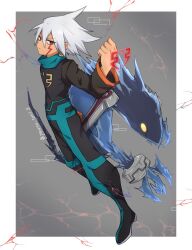 1boy black_bodysuit bodysuit border clenched_hand earrings facial_mark full_body green_hair grey_background highres jewelry laplace_(mega_man) male_focus medium_hair mega_man_(series) mega_man_star_force_(series) red_eyes simple_background solo_(mega_man) white_border yoruno_tori3