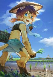 4boys animal_ears barefoot black_shirt blue_eyes blue_sky cloud conical_hat crop_top digitigrade dog_boy dog_ears dog_tail furry furry_male hands_on_own_hips hashtag-only_commentary hat highres lion_boy lion_ears lion_tail lou_(world_flipper) male_focus mouse_boy mouse_ears mouse_tail mud multiple_boys nimbus_(world_flipper) open_mouth ponytail rice rice_paddy shirt sky sleeveless sleeveless_shirt smile straw_hat sven_(world_flipper) sweat tail theo_(world_flipper) tiger_boy tiger_ears tiger_stripes tiger_tail towel towel_around_neck waahurikya wet whiskers wiping_face world_flipper