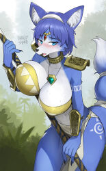 1girl animal animal_ears armor barleyshake blue_eyes blue_fur blue_hair blush breasts choker claws cleavage collarbone covered_erect_nipples fog fox fox_ears fox_girl fox_tail furry gem gold_armor grass green_gemstone hairband headpiece highres holding holding_polearm holding_spear holding_weapon huge_breasts jewelry krystal large_breasts leaning_forward leg_tattoo looking_at_viewer navel necklace nintendo open_mouth pelvic_curtain polearm shirt short_hair shoulder_armor spear standing star_fox star_fox_adventures strapless sun_symbol sun_tattoo sweat tail tan tattoo tree tube_top weapon wrist_guards yellow_shirt