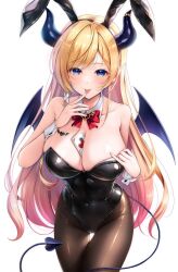 Rule 34 | 1girl, animal ears, bare shoulders, black leotard, black pantyhose, blonde hair, blue eyes, breasts, card, cleavage, closed mouth, cowboy shot, demon girl, demon horns, demon tail, demon wings, fake animal ears, heart, highres, hololive, horns, kamishiro mai (capti-no), large breasts, leotard, long hair, pantyhose, pink hair, playboy bunny, playing card, pointy ears, rabbit ears, simple background, solo, strapless, strapless leotard, tail, tongue, tongue out, virtual youtuber, white background, wings, yuzuki choco