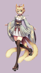 1girl ahoge animal_ear_fluff animal_ears artist_name bare_shoulders bell black_choker black_thighhighs blush bow bowtie breasts cat_ears cat_girl cat_tail choker cleavage colored_eyelashes commentary detached_sleeves ear_piercing english_commentary fangs fingernails floral_print floral_print_sleeves fluffy_hair full_body green_eyes grey_bow grey_bowtie grey_kimono grey_sandals grey_sleeves hair_between_eyes hair_intakes highres japanese_clothes kimono long_sleeves looking_at_viewer multiple_tails open_mouth original piercing purple_background sandals sasucchi95 short_hair short_kimono simple_background smile solo standing standing_on_one_leg tail teeth thighhighs upper_teeth_only walking wide_sleeves youko_(sasucchi95)