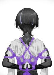 1boy armor arms_behind_back birthmark blunt_ends bodysuit bound bound_arms bound_wrists bridal_gauntlets facing_away fingernails furisode genshin_impact greyscale highres japanese_armor japanese_clothes kimono kote male_focus mitsudomoe_(shape) monochrome mudra multicolored_hair own_hands_together palms_together purple_hair reito6 scaramouche_(genshin_impact) shibari shoulder_peek solo spot_color streaked_hair tomoe_(symbol) upper_body wanderer_(genshin_impact)