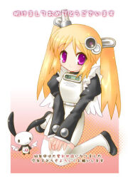 1girl 2000s_(style) black_shirt black_shoes blonde_hair blush cellphone closed_mouth commentary_request creature dress flip_phone fujisawa_eil full_body kyocera long_hair looking_at_viewer lowres original personification phone pink_eyes shirt shoes smile solo thighhighs translation_request twintails white_dress white_thighhighs