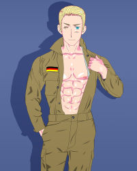Rule 34 | abs, blonde hair, blue eyes, germany (hetalia), highres, male focus, military, military uniform, muscular, muscular male, nipples, sexyanimes, smile, standing