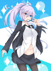 1girl ahoge black-framed_eyewear black_jacket black_necktie black_pantyhose black_skirt blue_eyes blush breasts closed_mouth collarbone commentary_request cowboy_shot dress_shirt female_focus formal_clothes fuyou-chan glasses hair_between_eyes high_ponytail holding holding_removed_eyewear jacket large_breasts long_hair looking_at_viewer milkpanda navel necktie open_clothes open_jacket original pantyhose partially_unbuttoned ponytail purple_hair shirt sidelocks skirt skirt_suit solo sparkle suit unworn_eyewear very_long_hair white_shirt