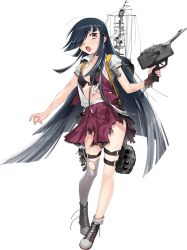 Rule 34 | 1girl, black bra, black hair, boots, bow, bowtie, bra, brown eyes, collared shirt, dress, dress shirt, fujikawa, full body, grey thighhighs, hair over one eye, hair ribbon, hayashimo (kancolle), hayashimo kai ni (kancolle), hime cut, kantai collection, lace-up boots, long hair, looking at viewer, machinery, official art, open mouth, pleated dress, pleated skirt, purple skirt, purple vest, ribbon, school uniform, shirt, skirt, solo, thighhighs, torn clothes, torn shirt, torn skirt, torpedo, torpedo launcher, torpedo tubes, transparent background, underwear, very long hair, vest, white ribbon, white shirt