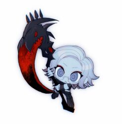 1boy :&lt; aotsuki_eito arms_up black_pants blue_eyes chibi closed_mouth eyelashes eyeliner hair_behind_ear holding holding_scythe holding_weapon last_defense_academy_school_uniform long_sleeves makeup male_focus negative_space oishikunatte_shintoujou pants parted_hair ringed_eyes school_uniform scythe solo the_hundred_line_-last_defense_academy- weapon white_background white_hair