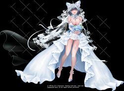 Rule 34 | 1girl, absurdres, animal ears, aqua streaks, azur lane, bare shoulders, black background, blue flower, blue gemstone, blue rose, bouquet, breasts, bridal gauntlets, bridal veil, cat ears, cheshire (azur lane), cheshire (white seaside melody) (azur lane), cleavage, closed eyes, commentary, detached collar, dress, english commentary, facing viewer, fake animal ears, flower, frilled dress, frills, gem, happy, highres, holding, holding bouquet, jewelry, large breasts, medium hair, multicolored hair, official alternate costume, open mouth, purple hair, ring, rose, see-through clothes, see-through dress, shoes, showgirl skirt, simple background, solo, streaked hair, tah1 26, two-tone hair, veil, wedding dress, wedding ring, white bridal gauntlets, white dress, white flower, white rose, white shoes, white veil