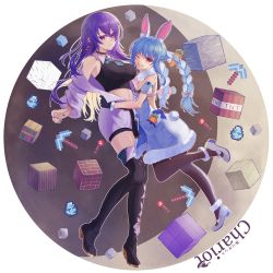 2girls animal_ear_fluff animal_ears armpit_peek black_choker black_gloves blonde_hair blue_hair bookshelf boots bow braid breasts brick brown_eyes carrot chariot_(teachariot828) choker cleavage colored_inner_hair crop_top diamond_(gemstone) dress earrings explosive floating food-themed_hair_ornament fur_trim gloves hair_between_eyes hair_bow hair_ornament highres hololive hololive_indonesia hug jacket jewelry large_breasts midriff minecraft minecraft_pickaxe moona_hoshinova multicolored_hair multiple_girls nail_polish navel off_shoulder one_eye_closed open_hand pickaxe purple_eyes purple_hair purple_jacket purple_nails rabbit_ears rabbit_girl short_eyebrows small_breasts smile thigh_boots thighhighs tnt tnt_block_(minecraft) twin_braids usada_pekora usada_pekora_(1st_costume) v-shaped_eyebrows virtual_youtuber white_bow white_dress white_hair