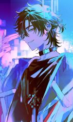 1boy black_choker black_hair black_shirt cheng_xiaoshi choker finger_gun finger_gun_to_head glitch hair_between_eyes half-closed_eyes highres jacket justjust_monika looking_at_viewer male_focus ponytail shiguang_dailiren shirt short_ponytail simple_background solo upper_body yellow_eyes
