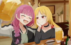 2girls ahoge asagi_112 beer_mug black_bow black_choker black_jacket black_shirt blonde_hair blush bocchi_the_rock! bow braid choker commentary cup earrings fang hair_bow hand_on_another&#039;s_shoulder highres hiroi_kikuri holding holding_cup ijichi_seika indoors jacket jewelry long_hair mug multiple_girls purple_hair red_eyes shirt single_braid smile stud_earrings