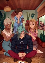 2boys 3girls :3 :d aqua_eyes aqua_hair black_jacket blonde_hair blue_dress blush braiding_hair brown_hair brown_shoes brown_shorts cactus capcom cellphone chun-li commentary double_bun dress earrings elena_(street_fighter) english_commentary frown grey_hair grin hair_bun hair_over_one_eye hairdressing highres holding holding_phone jacket jewelry kanzuki_karin long_hair looking_at_another mango_(mgosketches) multiple_boys multiple_girls one_eye_covered open_mouth pants pearl_earrings phone pink_shirt red_pants remy_(street_fighter) ringlets shirt shoes short_hair shorts smartphone smile street_fighter sweatdrop taking_picture white_shirt zangief