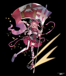 1girl :d ankle_boots asymmetrical_clothes asymmetrical_legwear banner black_background boots breasts checkered_clothes clown_nose corset dress earrings full_body hat high_heels highres holding_banner jester jester_cap jewelry jun_wei long_hair neck_ruff nijisanji open_mouth orange_eyes pierrot pink_hair pointy_footwear pom_pom_(clothes) red_dress ribbon rosemi_lovelock signature single_pantsleg single_thighhigh small_breasts smile solo striped_clothes teeth thighhighs upper_teeth_only virtual_youtuber wrist_cuffs