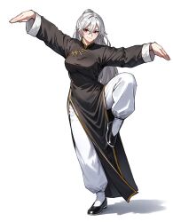 Rule 34 | 1girl, black dress, changpao, china dress, chinese clothes, crane stance, dress, hanfu, highres, kokoro no koibito, kung fu, long hair, mandarin collar, martial arts, original, red eyes, self-upload, smile, solo, standing, standing on one leg, white hair
