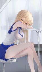 1girl absurdres blonde_hair blush breasts crossed_arms crossed_legs feet_out_of_frame hair_between_eyes highres kodokunogotoku large_breasts looking_at_viewer lying miniskirt on_table sitting skirt sleeveless solo sweat table tenjouin_asuka yu-gi-oh! yu-gi-oh!_gx