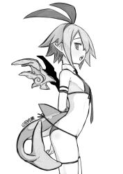 1girl bikini disgaea fins fish_tail flat_chest from_side greyscale hairband highres looking_at_viewer monochrome open_mouth original pleinair pointy_ears shark_tail sharp_teeth short_hair sideways_glance simple_background solo swimsuit tail teeth thighhighs wings yamada_satou_(sa10yamada)