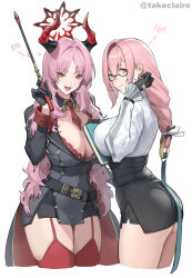 2girls ass ass_peek belt black_belt black_collar black_dress black_gloves black_skirt blue_archive book breasts closed_mouth collar covered_navel cropped_legs crossover detached_collar dress earrings fang glasses gloves halo height highres holding holding_book horns hourglass_earrings huge_breasts large_breasts long_hair long_sleeves looking_at_viewer mole mole_on_breast multiple_girls necktie open_mouth pink_eyes pink_hair red_garter_straps red_halo red_horns red_necktie red_thighhighs satsuki_(blue_archive) shirt simple_background skirt smile takeclaire thighhighs thighs tsukishiro_yanagi white_background white_shirt yellow_eyes zenless_zone_zero