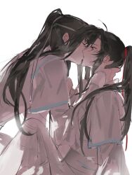 2boys absurdres aged_down ahoge alternate_costume black_hair blush chinese_clothes chinese_commentary closed_eyes french_kiss from_side grey_eyes hair_ribbon hand_on_another&#039;s_neck hanfu headband highres kiss knees_up lan_wangji long_hair long_sleeves looking_at_another male_focus modao_zushi multiple_boys ponytail profile red_ribbon ribbon robe shenzhang10011 sidelocks simple_background sitting sketch sweatdrop wei_wuxian white_background white_hanfu white_headband white_ribbon wide_sleeves yaoi