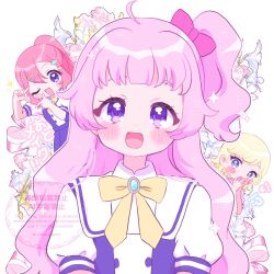 3girls :d ahoge alternate_hairstyle aozora_himari blonde_hair blue_eyes blue_gemstone blush_stickers bow bowtie chii_(chi_pppuri) copyright_notice covering_own_mouth dot_nose dress english_text flower gem hair_ornament hairpin hands_up heart heart-shaped_pupils highres himitsu_no_aipri hoshikawa_mitsuki long_hair looking_at_another looking_at_viewer medium_hair multiple_girls nanaura_otome one_eye_closed one_side_up open_mouth pink_flower pink_hair pink_pupils pretty_series purple_dress purple_eyes shirt short_sleeves smile solo_focus straight-on straight_hair symbol-shaped_pupils upper_body watermark wavy_hair white_flower white_shirt yellow_bow yellow_bowtie