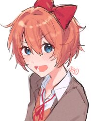 1girl ayuda_ayutaro blue_eyes blush bow brown_hair brown_vest commentary_request doki_doki_literature_club doki_doki_literature_club_school_uniform grey_jacket hair_bow highres jacket looking_at_viewer neck_ribbon open_mouth red_bow red_ribbon ribbon sayori_(doki_doki_literature_club) school_uniform shirt short_hair signature solo vest white_background white_shirt