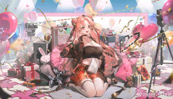 1girl :d balloon balloon_animal bell black_choker black_jacket black_shirt black_shoes blue_background box bracelet breasts camera choker cleavage confetti cushion double_bun envelope full_body gift gift_box guilongchao hair_bell hair_bun hair_ornament hand_up heart heart_balloon highres holding_plaque jacket jewelry large_breasts long_hair looking_ahead mary_janes midriff miniskirt mole mole_on_breast official_art open_mouth parted_bangs pendant pink_hair pixel_heart puzzle_piece red_eyes red_skirt shirt shoes sitting skirt smile solo speaker string_of_flags stuffed_animal stuffed_rabbit stuffed_toy teddy_bear thighhighs tripod v very_long_hair wariza watermark weibo_watermark white_thighhighs xtears_kitsune yaoyao_(guilongchao) zettai_ryouiki