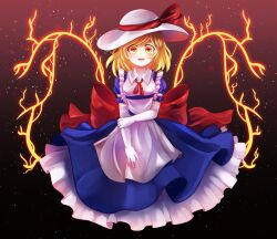 Rule 34 | 1girl, absurdres, apron, back bow, blonde hair, blue dress, bow, breasts, collared shirt, dark background, dress, dungeon toaster, elbow gloves, gloves, gradient background, hat, hat ribbon, highres, huge bow, kana anaberal, looking at viewer, maid apron, medium breasts, medium hair, neck ribbon, open mouth, orange eyes, puffy short sleeves, puffy sleeves, red background, red bow, red ribbon, ribbon, shirt, short sleeves, simple background, solo, touhou, touhou (pc-98), white apron, white gloves, white hat, wide-eyed