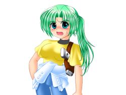 1girl arm_at_side blue_eyes blue_pants breasts clothes_around_waist eyes_visible_through_hair game_cg green_hair gun hand_in_pocket higurashi_no_naku_koro_ni holster large_breasts large_variant_set long_hair nose open_mouth pants parted_bangs ponytail ryukishi07 shirt shirt_around_waist sonozaki_mion surprised variant_set weapon white_shirt yellow_shirt