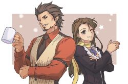 1boy 1girl ace_attorney asymmetrical_bangs beard black_jacket black_necktie breasts brown_eyes brown_hair brown_vest cleavage closed_mouth collared_shirt commentary_request cup diego_armando earrings facial_hair hand_on_own_arm hand_up highres holding holding_cup jacket jewelry lcageki long_hair long_sleeves looking_at_viewer magatama magatama_necklace medium_breasts mia_fey mole mole_under_mouth necklace necktie one_eye_closed phoenix_wright:_ace_attorney_-_trials_and_tribulations pinstripe_pattern pinstripe_vest red_shirt scarf shirt short_hair smile star_(symbol) striped upper_body vest yellow_scarf
