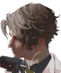 1boy axis_powers_hetalia blonde_hair blue_eyes cigarette facial_hair france_(hetalia) gloves goatee_stubble holding holding_cigarette horsemynewhorse male_focus portrait profile short_hair simple_background solo stubble white_background