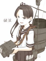 1girl ayanami_(kancolle) black_eyes black_ribbon brown_hair brown_neckerchief brown_sailor_collar brown_skirt character_name commentary dated holding kantai_collection kawashina_(momen_silicon) long_hair looking_at_viewer neckerchief open_mouth pleated_skirt ponytail ribbon rigging sailor_collar school_uniform serafuku short_sleeves side_ponytail simple_background skirt solo