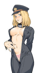 1girl blonde_hair blush boku_no_hero_academia breasts cleavage collar covered_erect_nipples cowboy_shot dyun grey_eyes hat highres jumpsuit large_breasts looking_at_viewer medium_hair military_hat navel parted_lips pubic_tattoo smile solo sweat tattoo unzipped utsushimi_kemii white_background