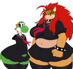 2girls absurdres belly blue_eyes bowser breasts choker eric_lowery eyebrows fang highres horns long_hair mario_(series) matching_hair/eyes multiple_girls nintendo red_eyes red_hair school_uniform serafuku simple_background skirt stomach super_mario_bros._1 thighhighs white_background yoshi