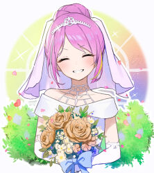 1girl blush bouquet bridal_gauntlets bridal_veil bride bush collarbone crown dress flower grin groom heaven_burns_red highres holding holding_bouquet ishii_iroha multicolored_hair off_shoulder purple_eyes purple_hair rinki_oohen smile solo streaked_hair veil wedding wedding_dress white_dress