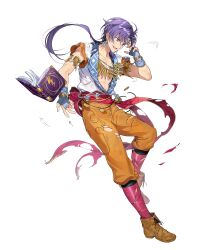 Rule 34 | 1boy, blue gloves, book, bridal gauntlets, damaged, earrings, fire emblem, fire emblem: thracia 776, fire emblem heroes, gloves, headband, highres, homer (fire emblem), jewelry, long hair, male focus, nintendo, non-web source, official art, open book, parted lips, ponytail, purple eyes, purple hair, scarf, shirt, smile, solo, tassel, tassel earrings, torn clothes, white shirt